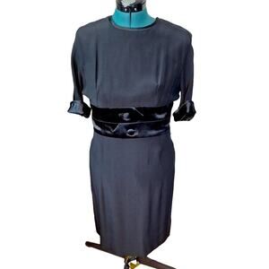 Vintage 60s Black Satin Waist Cocktail Dress Women Size Medium 6/8